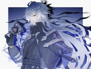 1boy belt black_belt black_capelet black_coat black_gloves blue_hair capelet chain coat collared_capelet commentary crossed_bangs cup flins_(genshin_impact) gem genshin_impact gloves gradient_hair hair_between_eyes high_collar highres holding holding_cup long_hair long_sleeves male_focus multicolored_hair parted_lips solo suii_ii00 symbol-only_commentary twitter_username upper_body watermark yellow_eyes