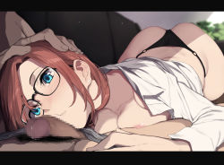 1boy 1girl ass black_panties black_thighhighs blue_eyes blush breast_press breasts brown_hair closed_mouth collared_shirt dress_shirt earrings erection face_in_crotch grey_male_underwear hand_on_another&#039;s_head hetero highres indoors jewelry long_sleeves lying male_pubic_hair male_underwear male_underwear_pull medium_breasts nagioka nipples no_bra no_pants on_back open_clothes open_shirt original panties penis pov precum pubic_hair shirt solo_focus thighhighs underwear white_shirt