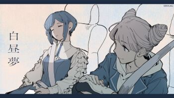 Rule 34 | 2girls, car interior, closed eyes, closed mouth, collared shirt, commentary request, cone hair bun, double bun, frilled shirt, frilled sleeves, frills, fukurai azami, hair bun, holding, holding phone, hood, hood down, hoodie, jasmine (toshi densetsu kaitai center), letterboxed, limited palette, long sleeves, looking at another, multiple girls, nagashino moki, official art, parted lips, phone, second-party source, shirt, short hair, sleeping, sleeping upright, smile, song name, toshi densetsu kaitai center, translation request