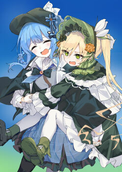 2girls asymmetrical_legwear bird_hat_ornament black_capelet black_dress black_flower black_pantyhose black_rose blonde_hair blue_hair blue_skirt bonnet braid braided_hair_rings capelet carrying deerstalker dice_choco dress flower gradient_background green_bonnet green_eyes green_shoes hair_rings hat highres lolita_fashion magical_girl mahou_shoujo_no_majo_saiban multiple_girls open_mouth pantyhose piggyback plaid_clothes plaid_skirt rose shoes short_hair skirt tachibana_sherry tono_hanna white_pantyhose yellow_flower yellow_rose