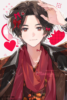 1boy animification arm_up bakuage_sentai_boonboomger black_hair bow bow_sticker bracelet brown_eyes brown_jacket brown_shirt chinese_commentary commentary_request commission floral_print glint hair_bow hando_taiya heart heart_sticker highres jacket jewelry kei_(momojellyfish) looking_at_viewer male_focus open_clothes open_jacket outline red_bow red_scarf scarf shirt short_hair smile solo sticker sticker_on_hair super_sentai upper_body white_outline