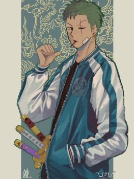 Rule 34 | 1boy, alternate costume, bandaid, bandaid on cheek, bandaid on face, black shirt, commentary, earrings, gold earrings, green hair, hand in pocket, highres, jacket, jewelry, katana, long sleeves, looking at viewer, male focus, multiple earrings, one eye closed, one piece, only op2024, open clothes, open jacket, pointing, pointing at self, roronoa zoro, scar, scar across eye, scar on face, sheath, sheathed, shirt, short hair, signature, solo, sword, symbol-only commentary, upper body, weapon