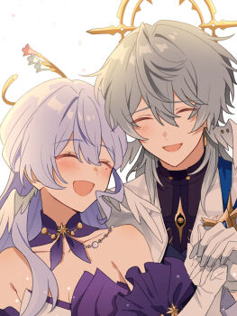 1boy 1girl ^_^ aiga_ippai bare_shoulders brother_and_sister closed_eyes commentary_request detached_collar earrings gloves grey_hair hair_between_eyes halo halo_behind_head head_wings highres holding_hands honkai:_star_rail honkai_(series) jewelry long_hair purple_hair robin_(honkai:_star_rail) short_hair siblings smile sunday_(honkai:_star_rail) sunday_(sacerdos'_relived_ordeal)_(honkai:_star_rail) upper_body white_background white_gloves white_wings wings