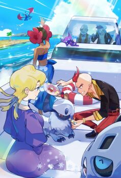 2girls 3boys absol back bandeau black_coat black_shirt blonde_hair blue_bandeau blue_eyes blue_sarong boat breasts brown_hair choker closed_mouth coat collarbone collared_shirt dark-skinned_female dark_skin drake_(pokemon) dress facial_hair flower gen_3_pokemon glacia_(pokemon) glalie gloves hair_flower hair_ornament hat highres hsin large_breasts long_hair mature_female multiple_boys multiple_girls mustache nintendo ocean old old_man palm_tree pants phoebe_(pokemon) pokemon pokemon_(creature) pokemon_oras print_sarong purple_dress quad_tails red_eyes red_hair red_pants sableye salamence sarong shirt short_hair sidney_(pokemon) smile strapless three-quarter_sleeves topless_male torn_clothes torn_coat tree trench_coat tube_top very_short_hair watercraft white_choker white_gloves white_hair white_hat wingull yacht