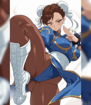 1girl artist_name bangle blue_dress blurry_border boots bracelet breasts brown_eyes brown_hair brown_pantyhose bun_cover capcom china_dress chinese_clothes chun-li commentary cowboy_shot double_bun dress earrings fighting_stance furrowed_brow gold_trim hair_bun hair_ribbon highleg highres jewelry large_breasts light_blush looking_at_viewer pantyhose pearl_earrings pelvic_curtain puffy_short_sleeves puffy_sleeves ribbon short_sleeves solo sparkle spiked_bracelet spikes street_fighter updo upskirt vizaz white_background white_boots white_ribbon