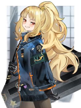 1girl absurdres armband badge bag black_gloves blonde_hair blue_jacket blunt_bangs blurry blurry_background border clynxen collared_jacket cowboy_shot ezra_(project_moon) from_side gloves hair_ornament head_tilt highres holding_strap jacket limbus_company looking_at_viewer messy_hair orange_eyes pantyhose ponytail project_moon shoulder_bag sidelocks smile solo standing star_(symbol) star_hair_ornament white_border wide_sleeves