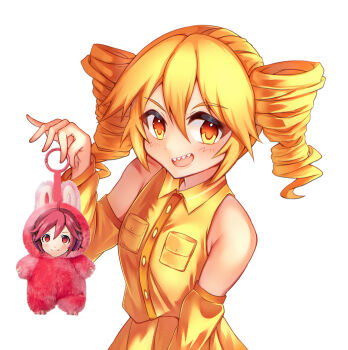 Rule 34 | 1girl, 24 karat gold labubu (meme), absurdres, alternate color, alternate eye color, alternate hair color, blonde hair, blush, detached sleeves, drill hair, highres, kasane teto, kasane teto (utau), labubu, lambt0ast, meme, open mouth, pop mart, sharp teeth, shirt, sleeveless, sleeveless shirt, smile, teeth, twin drills, utau, yellow eyes, yellow shirt