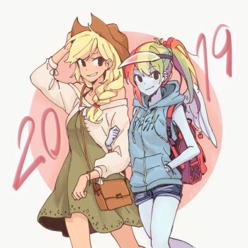 2019 2girls alternate_costume animification applejack applejack_(equestria_girls) backpack bag bag_charm blonde_hair blue_jacket blue_skin blush braid breasts brown_bag cardigan charm_(object) colored_skin commentary couple cowboy_hat dcon_34 dress freckles green_dress hat high_ponytail highres hood hooded_jacket jacket long_hair looking_at_viewer low-tied_long_hair multicolored_hair multiple_girls my_little_pony my_little_pony:_friendship_is_magic orange_skin personification ponytail rainbow_dash rainbow_dash_(equestria_girls) rainbow_hair side_braid simple_background sleeveless sleeveless_jacket smile visor_cap white_cardigan wings yuri