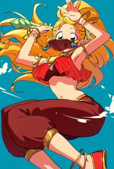 armlet armpits arms_up bangle black_bra blonde_hair blue_background bra bracelet breasts brown_pants cleavage crop_top dancing_outfit_(zelda) earrings feet_out_of_frame gold_armlet gold_trim green_eyes harem_outfit harem_pants highres holding holding_staff jewelry long_hair looking_at_viewer medium_breasts midriff mouth_veil navel nintendo official_alternate_costume open_mouth pants pointy_ears ponytail princess_zelda red_shirt shirt sidelocks smile staff the_legend_of_zelda the_legend_of_zelda:_echoes_of_wisdom tkdnlerkdtpfsut underwear veil