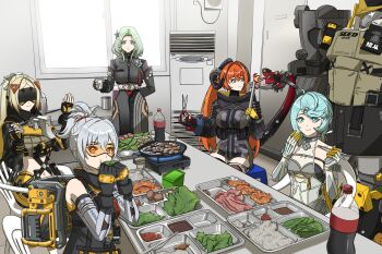 1boy 5girls air_conditioner beef bottle cabbage chopsticks cola cooking_pot cup disposable_cup food highres holding holding_chopsticks holding_scissors holding_tongs hotpot isolde_(zenless_zone_zero) looking_at_viewer magus_(zenless_zone_zero) meat multiple_girls orphie_magnusson portable_stove rice scissors seed_(zenless_zone_zero) seed_sr. soda_bottle soldier_11_(zenless_zone_zero) soy_sauce tongs trigger_(zenless_zone_zero) tv_dinner vegetable you6764 zenless_zone_zero
