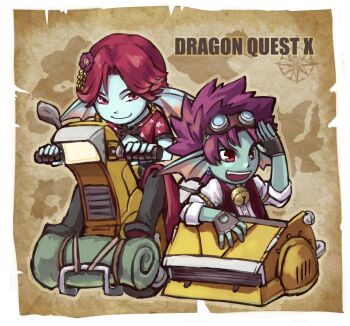 Rule 34 | 2boys, :d, aqua skin, bell, black pants, blue skin, brown gloves, colored skin, commentary request, compass rose, copyright name, dragon quest, dragon quest x, earrings, fingerless gloves, fins, fish boy, flei rainbow, flower, gloves, goggles, goggles on head, hair flower, hair ornament, head fins, highres, jewelry, looking at another, male focus, map, motor vehicle, multiple boys, neck bell, on scooter, open mouth, pants, parted bangs, purple flower, purple hair, red eyes, red hair, red vest, scooter, shirt, short hair, sidecar, smile, spiked hair, vest, weddie (dq10), white background, white shirt