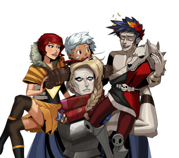2boys 2girls :o absurdres armor bandage_on_face bandages bastion belt black_legwear blue_eyes braid closed_eyes colored_skin company_connection crossed_legs curled_horns dark-skinned_male dark_skin fur_trim grey_skin hades_(series) hades_1 highres horns inkarat jodariel laurel_crown multiple_boys multiple_girls pyre_(game) red_(transistor) red_hair simple_background sitting supergiant_games the_kid_(bastion) transistor_(game) white_background white_hair zagreus_(hades)