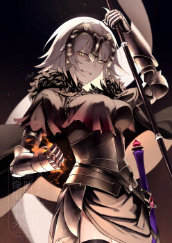 Rule 34 | 1girl, absurdres, armor, banner, black thighhighs, breasts, bridal gauntlets, brown background, commentary request, fate/grand order, fate (series), fire, gradient background, grin, highres, holding, holding banner, jeanne d'arc alter (avenger) (fate), jeanne d'arc alter (fate), la grondement du haine, large breasts, looking at viewer, plate armor, sheath, sheathed, short hair, smile, solo, standard bearer, sumi (gfgf 045), sword, teeth, thighhighs, watermark, weapon, white hair, yellow eyes
