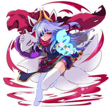 1girl absurdres animal_ears black_dress closed_mouth commentary_request dress eyepatch fox_ears fox_girl fox_mask fukkatsu_saisei_kaijin gold_horns gold_trim highres holding holding_mask holding_sword holding_weapon japanese_clothes kitsune kuon_(shinrabanshou) kyuubi long_hair mask multiple_tails ninja pink_hair purple_hair red_scarf scarf shinrabanshou solo sword tail thighhighs weapon white_background white_thighhighs