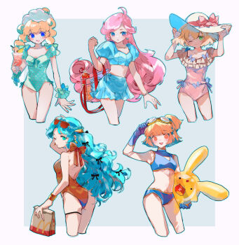 5girls absurdres ahoge amitie_(puyopuyo) arle_nadja ass backless_swimsuit bikini blonde_hair blue_background blue_eyes blue_gloves blue_hair blue_ribbon blue_skirt bottle bracelet braid braided_twintails breasts brown_hair carbuncle_(puyopuyo) cherry cleavage_cutout clothing_cutout cocktail cocktail_glass commentary_request competition_swimsuit cup drinking_glass drinking_straw earrings eyewear_on_head food frilled_one-piece_swimsuit frills fruit gloves goggles goggles_on_head green_eyes hair_ribbon half_updo hand_on_own_hat hat hat_ribbon highres holding holding_cup jewelry long_hair looking_at_viewer looking_back madou_monogatari marle_(puyopuyo) mcdonald&#039;s medium_breasts merumerumerume multiple_girls navel necklace off-shoulder_one-piece_swimsuit off_shoulder one-piece_swimsuit one_eye_closed orange_eyes pearl_necklace pineapple pink_hair pink_one-piece_swimsuit pink_ribbon polka_dot polka_dot_swimsuit ponytail puyopuyo puyopuyo_fever raffina_(puyopuyo) ribbon rulue_(puyopuyo) see-through_bag short_hair side_braid skirt small_breasts star_in_mouth sun_hat sunglasses swimsuit swimsuit_skirt two-tone_background two-tone_swimsuit water_bottle white_background