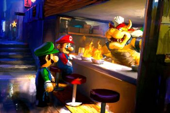 3boys absurdres alley bar_stool blouse blue_eyes blue_overalls bowl bowser chef_hat diner espenolsensaetervik facial_hair fire from_side gloves green_shirt hat highres luigi male_focus mario mario_(series) multiple_boys mustache nintendo overalls restaurant shirt sitting standing stool super_mario_bros._1