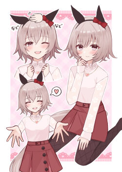 Rule 34 | 1girl, absurdres, animal ears, black pantyhose, blush, bow, breasts, casual, closed eyes, closed mouth, commentary request, curren chan (casual) (umamusume), curren chan (umamusume), ear bow, ear covers, fishnet pantyhose, fishnets, grey hair, headpat, heart, heart necklace, highres, horse ears, horse girl, horse tail, jewelry, long sleeves, looking at viewer, mayuchi427, multiple views, necklace, one eye closed, open mouth, outstretched arms, pantyhose, purple eyes, red bow, red skirt, shirt, short hair, skirt, smile, speech bubble, spoken heart, sweater, tail, umamusume, white shirt, white sweater