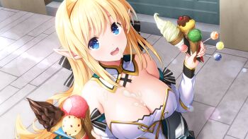 1girl armor armored_dress black_bow blonde_hair blue_eyes bow breasts candy chocolate cleavage detached_collar dress eating elf food food_between_breasts food_focus food_on_face from_above game_cg girls_frantic_clan hair_bow hair_intakes highres holding holding_candy holding_food holding_ice_cream holding_ice_cream_cone holding_lollipop ice_cream ice_cream_cone large_breasts light_blush lollipop long_pointy_ears looking_at_viewer matcha_(food) messy nijou_towa non-web_source open_mouth outdoors pointy_ears smile soft_serve solo sunlight yaegashi_nan