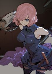 Rule 34 | 1girl, absurdres, armor, armored leotard, black gloves, black leotard, black thighhighs, boobplate, breastplate, breasts, closed mouth, commentary, cowboy shot, elbow gloves, fate/grand order, fate (series), galbi (iouytuuyio), gloves, grey background, hair over one eye, highres, holding, holding shield, leotard, looking at viewer, lord camelot (fate), mash kyrielight, medium breasts, one eye closed, pink hair, purple eyes, serious, shield, short hair, simple background, solo, sword, thighhighs, weapon