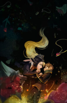 1boy 1girl artzel19 black_hood blonde_hair brown_eyes brown_gloves brown_hair chilchuck_tims commentary dungeon_meshi english_commentary fingerless_gloves gloves green_eyes green_scarf highres holding_hands interlocked_fingers long_hair marcille_donato marcille_donato_(lord) necktie scarf unworn_necktie