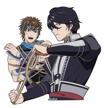 2boys black_hair black_jacket brown_hair chinese_clothes cropped_torso cross_scar facial_scar grey_eyes highres holding_lasso igusaharu jacket lasso looking_at_another male_focus mask multiple_boys open_mouth parted_lips scar scar_on_arm scar_on_cheek scar_on_face shin_sangoku_musou shin_sangoku_musou_origins short_hair sign sweatdrop upper_body vambraces white_background yue_jin_(shin_sangoku_musou) ziluan_(shin_sangoku_musou)