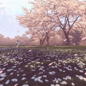 1girl arms_at_sides bag black_hair black_shoes black_shorts blue_sky cherry_blossoms cloud dog facing_ahead falling_petals foot_up forest from_behind gensuke_(ryun) grass highres landscape long_hair long_sleeves nature original outdoors pet_walking petals running scenery shirt shoes shorts shoulder_bag sidelocks sky solo very_wide_shot white_shirt