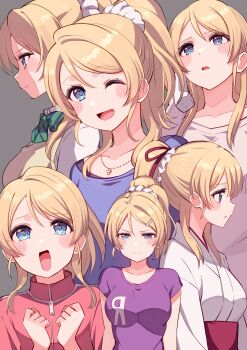 1girl ;d absurdres ayase_eli blonde_hair blue_eyes blue_shirt blush breasts cream_(nipakupa) grey_background hair_down high_ponytail highres jacket japanese_clothes jewelry kimono large_breasts love_live! love_live!_school_idol_project multiple_views necklace obi one_eye_closed open_mouth otonokizaka_school_uniform ponytail purple_shirt red_jacket sash school_uniform shirt simple_background smile v-shaped_eyebrows