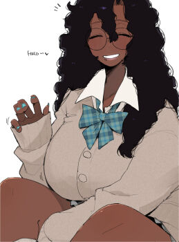 1girl ^_^ black_hair blue_nails blue_ribbon breasts broccoli_(ohasi) cardigan closed_eyes collared_shirt commentary dark-skinned_female dark_skin english_text face_piercing facing_viewer fingernails glasses grin hair_between_eyes hand_up highres kinky_hair large_breasts lip_piercing long_fingernails long_hair long_sleeves nail_polish neck_ribbon notice_lines ohasi original piercing ribbon round_eyewear school_uniform shirt simple_background sitting sleeves_past_wrists smile solo upper_body very_dark_skin waving white_background white_shirt