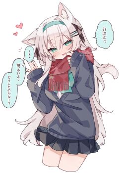 Rule 34 | 1girl, :d, animal ear fluff, animal ears, black ribbon, black skirt, black sweater, blush, bow, bowtie, breasts, cat ears, cat girl, cat tail, commentary request, cropped legs, green bow, green bowtie, green eyes, green hairband, hair between eyes, hair ornament, hair ribbon, hairband, hairclip, hands up, heart, highres, large breasts, long hair, long sleeves, looking at viewer, miniskirt, open mouth, original, parallel hairclips, pleated skirt, red scarf, ribbon, ringouulu, scarf, school uniform, simple background, skirt, smile, solo, speech bubble, sweater, tail, translation request, white background, white hair