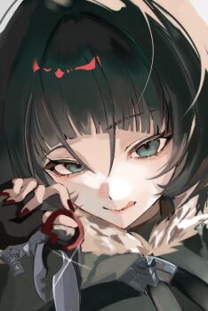 1girl animal_ears black_gloves black_hair blue_eyes commentary_request fingerless_gloves fur-trimmed_jacket fur_trim gloves grey_background grey_jacket hair_intakes highres holding holding_knife jacket jane_doe_(zenless_zone_zero) knife licking_lips looking_at_viewer mouse_ears mouse_girl persona persona_3 persona_3_portable red_nails solo sparkle tongue tongue_out yonagiri_47 zenless_zone_zero