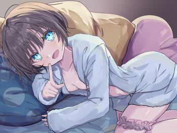 1girl absurdres aqua_eyes blush breasts brown_hair cleavage commentary_request heart heart-shaped_pillow highres hizaka looking_at_viewer lying naked_shirt on_side open_clothes open_mouth open_shirt original pillow polka_dot_pillow shirt short_hair small_breasts smile solo thigh_strap