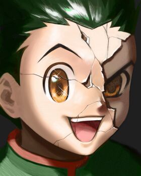 Rule 34 | 1boy, absurdres, black background, black hair, broken mask, brown eyes, commentary, crack, english commentary, gon freecss, green shirt, highres, hunter x hunter, male focus, mask, open mouth, portrait, red trim, shirt, short sideburns, simple background, smile, solo, sparkling eyes, teeth, tongue, traugapambinh, upper teeth only, widow's peak