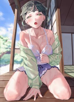 1girl armpit_crease bare_shoulders black_hair blue_skirt breasts camisole cardigan cleavage collarbone commentary_request green_cardigan green_eyes half-closed_eyes highres hot large_breasts link!_like!_love_live! long_sleeves looking_at_viewer love_live! miniskirt momose_ginko momose_ginko_(sleepover_at_ginko&#039;s) off_shoulder official_alternate_costume open_mouth outdoors saidamoosu see-through_cardigan see-through_clothes short_hair sidelocks skirt sleeves_past_wrists solo sweat sweaty_clothes veranda very_sweaty virtual_youtuber wet wet_clothes white_camisole