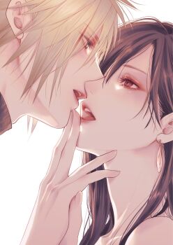 1boy 1girl black_hair blonde_hair blue_eyes close-up cloud_strife couple earrings eye_contact eyelashes eyes_visible_through_hair final_fantasy final_fantasy_vii finger_to_another&#039;s_mouth from_side hair_behind_ear hair_between_eyes hashtag-only_commentary hetero highres imminent_kiss jewelry lips long_hair looking_at_another mixmomo_yah open_mouth profile red_eyes ribbed_sweater short_hair single_earring spiked_hair sweater teardrop_earrings teeth tifa_lockhart turtleneck turtleneck_sweater upper_body upper_teeth_only white_background