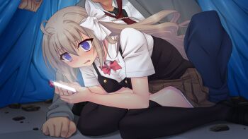 Rule 34 | 1boy, 1girl, @ @, ahoge, black thighhighs, black vest, blue eyes, blue pants, blush, bow, bowtie, breasts, brown hair, brown skirt, cellphone, collared shirt, dress shirt, game cg, genseishinki sacred virth, hair between eyes, hair bow, hair intakes, head out of frame, holding, holding phone, jacket, loafers, long hair, medium breasts, miniskirt, necktie, non-web source, official art, on ground, open mouth, out of frame, pants, phone, pleated skirt, purple eyes, red bow, red bowtie, red necktie, school uniform, shirt, shoes, short sleeves, sitting, skirt, smartphone, solo focus, tent, thighhighs, tierna aeride throne, variant set, very long hair, vest, wariza, wavy mouth, white bow, white shirt, wing collar, yuugure pairo, zettai ryouiki