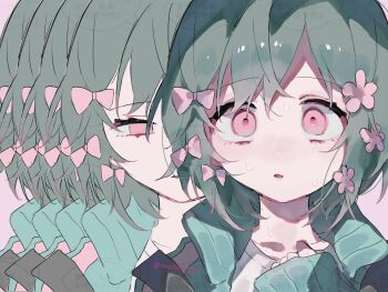 1girl aqua_jacket bow chinese_text empty_eyes expressionless floral_bow_hair_ornament flustered grey_hair hair_bow hair_ornament highres iyowa_girls jacket kurari-chan_(iyowa) kyu-kurarin_(cevio) looking_at_viewer open_mouth pink_background pink_eyes recurring_image sakanaya_(toretate_fish) short_hair simple_background solo surprised sweat watermark