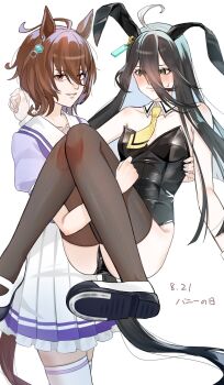 2girls agnes_tachyon_(umamusume) ahoge alternate_costume animal_ears armpit_crease ass black_hair black_leotard black_thighhighs blush breasts brown_hair carrying carrying_person chemical_structure closed_mouth detached_collar ear_ornament ear_tag earrings fake_animal_ears flustered furrowed_brow hair_between_eyes hand_on_another&#039;s_back hand_on_another&#039;s_shoulder hand_on_another&#039;s_thigh highleg highleg_leotard highres horseshoe jewelry knees_together_feet_apart leotard long_hair long_hair_between_eyes looking_at_viewer manhattan_cafe_(umamusume) multicolored_hair multiple_girls necktie parted_lips playboy_bunny pleated_skirt princess_carry puffy_short_sleeves puffy_sleeves purple_shirt purple_trim red_eyes sailor_collar sango0707315 school_uniform serious shirt shoes short_hair short_sleeves single_earring skirt small_breasts strapless strapless_leotard sweatdrop thighhighs tracen_school_uniform umamusume uwabaki very_long_hair wavy_mouth white_hair white_sailor_collar white_shoes white_skirt white_thighhighs wrist_cuffs yellow_eyes yellow_necktie yuri zettai_ryouiki
