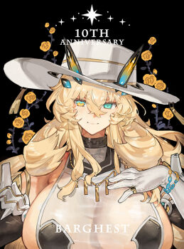 1girl bare_shoulders barghest_(celebratory_attire)_(fate) barghest_(fate) biceps black_dress black_gloves blonde_hair breasts chain chain_bracelet character_name dress elbow_gloves fate/grand_order fate_(series) gloves green_eyes hat horns huge_breasts jewelry long_hair looking_at_viewer muscular muscular_female ring see-through_cleavage see-through_clothes sideboob smile solo starshadowmagician sun_hat tassel two-tone_dress two-tone_gloves white_dress white_gloves white_hat