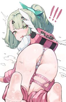 ! !! 1girl absurdres all_fours anus anus_peek ass backpack bag barefoot blush cameltoe chinatsu_remiel feet from_behind green_eyes green_hair hair_ornament hairclip heart highres loli looking_at_viewer looking_back mirumiruchan open_mouth panties pants partially_visible_vulva ponytail randoseru shirt simple_background soles solo striped_clothes striped_panties sweat thigh_strap toes underwear white_background white_shirt zenless_zone_zero