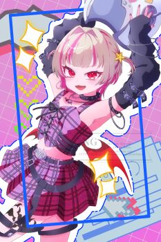 1girl absurdres arm_belt arm_strap arms_up bare_shoulders bat_necklace belt belt_buckle black_arm_warmers black_belt black_collar black_straps blunt_bangs blush buckle chain chain_bracelet chain_necklace cll47b collar collarbone colored_inner_hair commentary cowboy_shot crop_top cross-laced_clothes cross-laced_top dutch_angle fangs grey_hair grid_background hair_intakes hair_ornament heart helmet highres holding holding_unworn_helmet jewelry leg_tattoo looking_at_viewer loose_belt makaino_ririmu makaino_ririmu_(6th_costume) midriff miniskirt multicolored_hair multiple_belts navel necklace nijisanji no_headwear no_jacket o-ring o-ring_collar o-ring_thigh_strap open_mouth pendant pink_background pink_hair pink_skirt pink_streaks pixel_heart plaid_clothes plaid_skirt pleated_skirt red_eyes short_hair skirt sleeveless solo space_helmet sparkle spiked_collar spikes standing star_(symbol) star_hair_ornament streaked_hair symbol-only_commentary tattoo thigh_strap two-tone_hair two_side_up unworn_headwear unworn_helmet virtual_youtuber watermark white_helmet winged_heart winged_heart_tattoo wolf_cut zipper_top