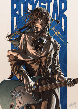 Rule 34 | 1girl, ado (utaite), black coat, black hair, blue eyes, chando (ado), coat, collared shirt, commentary, electric guitar, glint, gloves, guitar, instrument, long hair, looking at viewer, mole, mole under eye, open mouth, rockstar (ado), shirt, solo, teeth, upper teeth only, utaite, vey3st, white gloves, white shirt