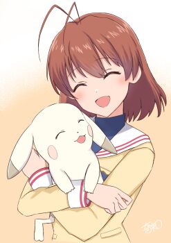 1girl :d ^_^ absurdres antenna_hair blue_shirt blush blush_stickers clannad closed_eyes commentary_request crossed_arms crossover furukawa_nagisa gen_1_pokemon hair_between_eyes happy highres holding holding_pokemon jacket kirsiri_tooru_(kishiri10oru) long_sleeves medium_hair nintendo open_mouth orange_background pikachu pokemon pokemon_(creature) sailor_collar school_uniform serafuku shirt signature simple_background smile turtleneck turtleneck_shirt two-tone_background upper_body white_background white_sailor_collar yellow_jacket