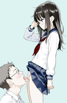 1boy 1girl absurdres black_hair blue_background blue_skirt blush brown_hair closed_mouth clothes_lift collared_shirt commentary_request cunnilingus cunnilingus_through_clothes drinking_pee expressionless flat_chest glasses hetero highres licking long_hair long_sleeves moonsorrow neckerchief open_mouth oral original panties peeing peeing_self pleated_skirt red_neckerchief school_uniform serafuku shirt sidelocks simple_background skirt skirt_lift stained_panties tongue tongue_out underwear white_shirt
