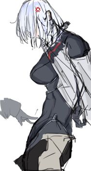 1girl 1other abs artist_request blusphere_(girls'_frontline_2) bodysuit girls'_frontline girls'_frontline_2:_exilium muscular muscular_female open_fly pants tagme