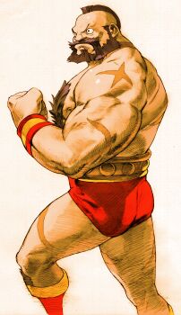 1boy absurdres beard bengus brown_eyes brown_hair capcom chest_hair clenched_hand facial_hair game_cg highres leg_hair marvel marvel_vs._capcom marvel_vs._capcom_2 mohawk muscular non-web_source official_art scan scar small_pupils solo street_fighter topless_male wrestler wrestling_outfit zangief
