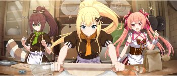 3girls apron ascot bag baking blonde_hair blue_eyes bow braid breasts brick_wall brown_bow brown_hair brown_skirt buttons cabinet cleavage collarbone cookie_cutter crown_braid cutting_board darkness_(konosuba) double-breasted double-parted_bangs eggshell erika_(konosuba) food frilled_apron frills fruit frying_pan game_cg green_ascot green_eyes hair_bow heart high_ponytail highres holding holding_cherry holding_cookie_cutter holding_food holding_fruit holding_rolling_pin kono_subarashii_sekai_ni_shukufuku_wo! konosuba!_fantastic_days lean_(konosuba) lens_flare long_hair medium_breasts multiple_girls official_art orange_ascot paper_bag pink_hair pink_skirt plate ponytail raccoon_tail red_eyes rolling_pin short_sleeves sidelocks skirt sparkle striped_bow striped_clothes striped_skirt table tail third-party_source towel twintails vertical-striped_clothes vertical-striped_skirt very_long_hair white_wrist_cuffs wooden_table wrist_cuffs