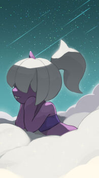 Rule 34 | 1girl, colored skin, dazzi, from side, highres, horns, motoiwork, outdoors, pal (creature), palworld, ponytail, purple horns, purple skin, purple tube top, shooting star, single horn, solo, strapless, tube top, white hair