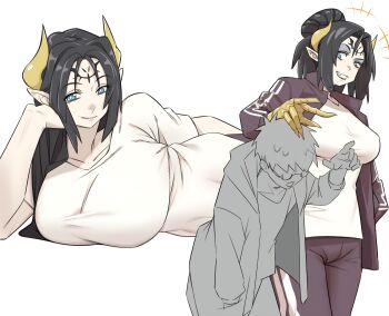 1boy 1girl breasts casual demon demon_girl digimon digimon_(creature) large_breasts lilithmon lipstick looking_at_another makeup mark_of_evil multiple_views standing taira_(tairamon)