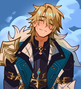 Rule 34 | 1boy, absurdres, arm belt, armor, belt, black belt, black shirt, blonde hair, blush, closed eyes, closed mouth, commentary, english commentary, facial scar, genshin impact, hair between eyes, highres, jacket, lapels, male focus, medium hair, pauldrons, rockboi4u, scar, scar on cheek, scar on face, shirt, shoulder armor, single pauldron, smile, solo, upper body, varka (genshin impact), white fur