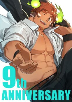 1boy abs animal_ears anniversary bara belt belt_buckle black_jacket black_pants brown_belt brown_hair buckle collared_shirt commentary_request cow_boy cow_ears cow_horns eye_black facial_hair fiery_horns forked_eyebrows glowing_horns goatee haishiba_ame highres holding holding_jacket holding_unworn_clothes horns jacket large_pectorals male_focus muscular muscular_male one_eye_closed open_clothes open_mouth open_shirt pants pectorals school_uniform shirt short_hair simple_background sleeves_rolled_up smile solo spiked_hair teeth thick_eyebrows tokyo_houkago_summoners unworn_jacket upper_teeth_only wakan_tanka white_background white_shirt wristband